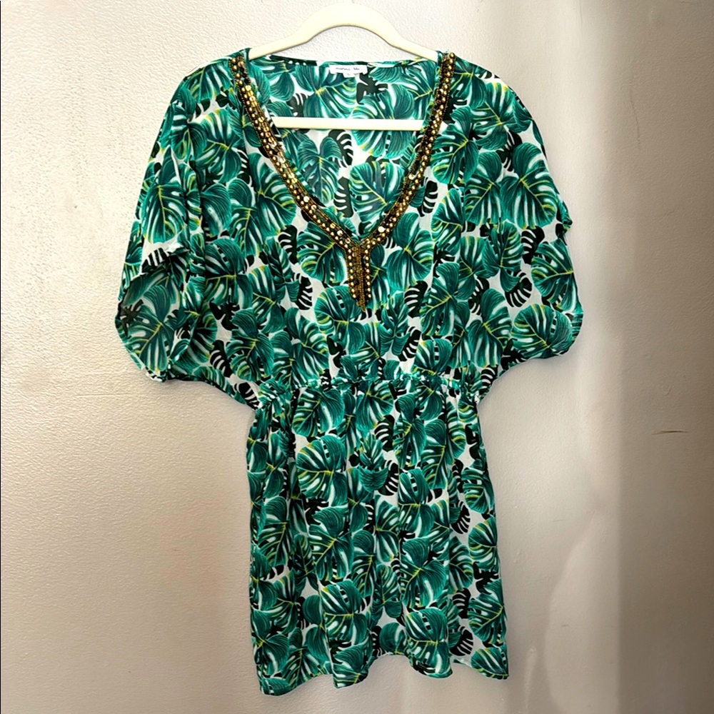 Swimsuit Cover Up Tropical Green Leaf Print with Gold Accents Marina Blu Small